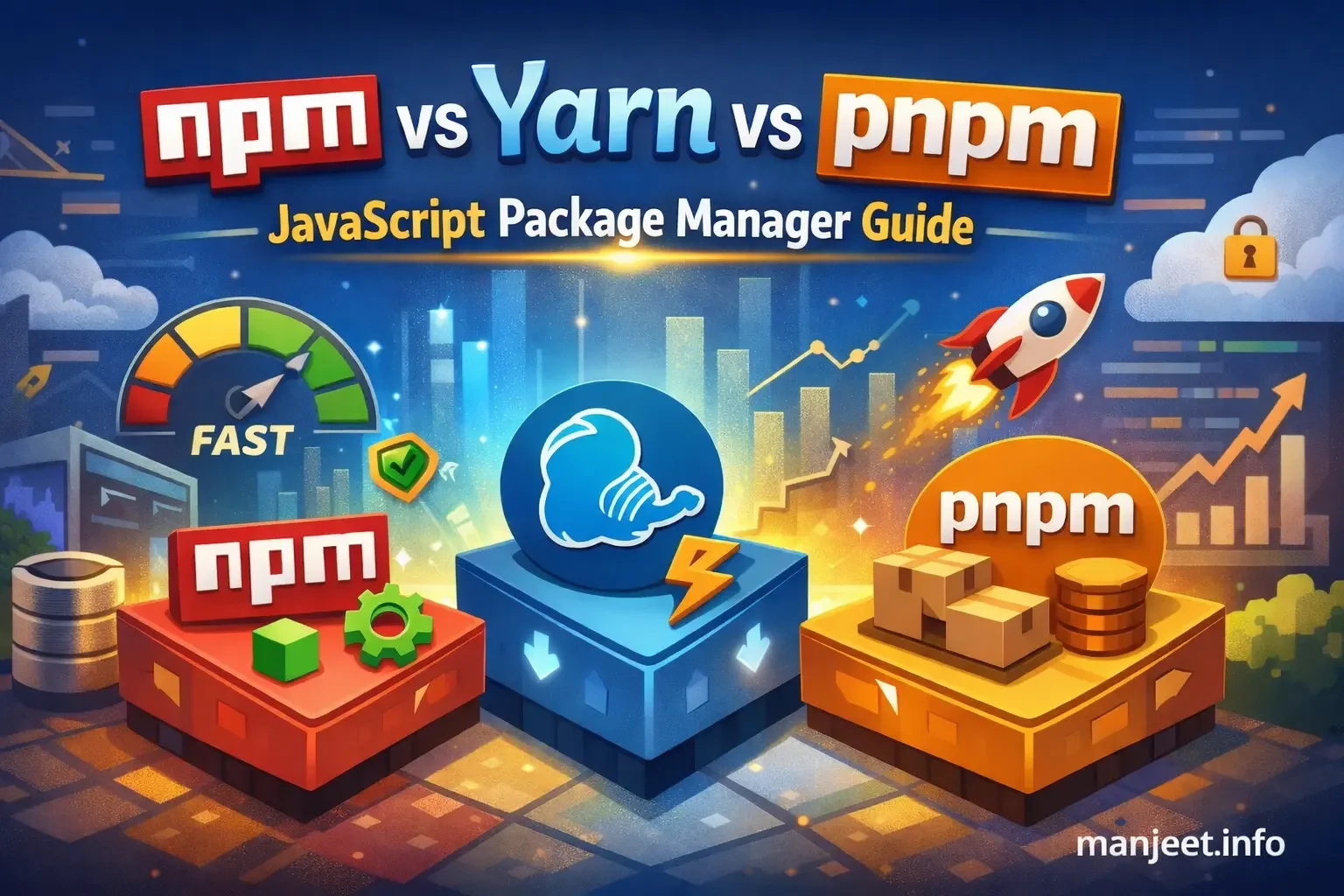 npm vs Yarn vs pnpm: Complete JavaScript Package Manager Guide (2026) - Learn the difference between npm, Yarn, and pnpm. Compare speed, disk usage, monorepos & best use cases for modern JavaScript projects.