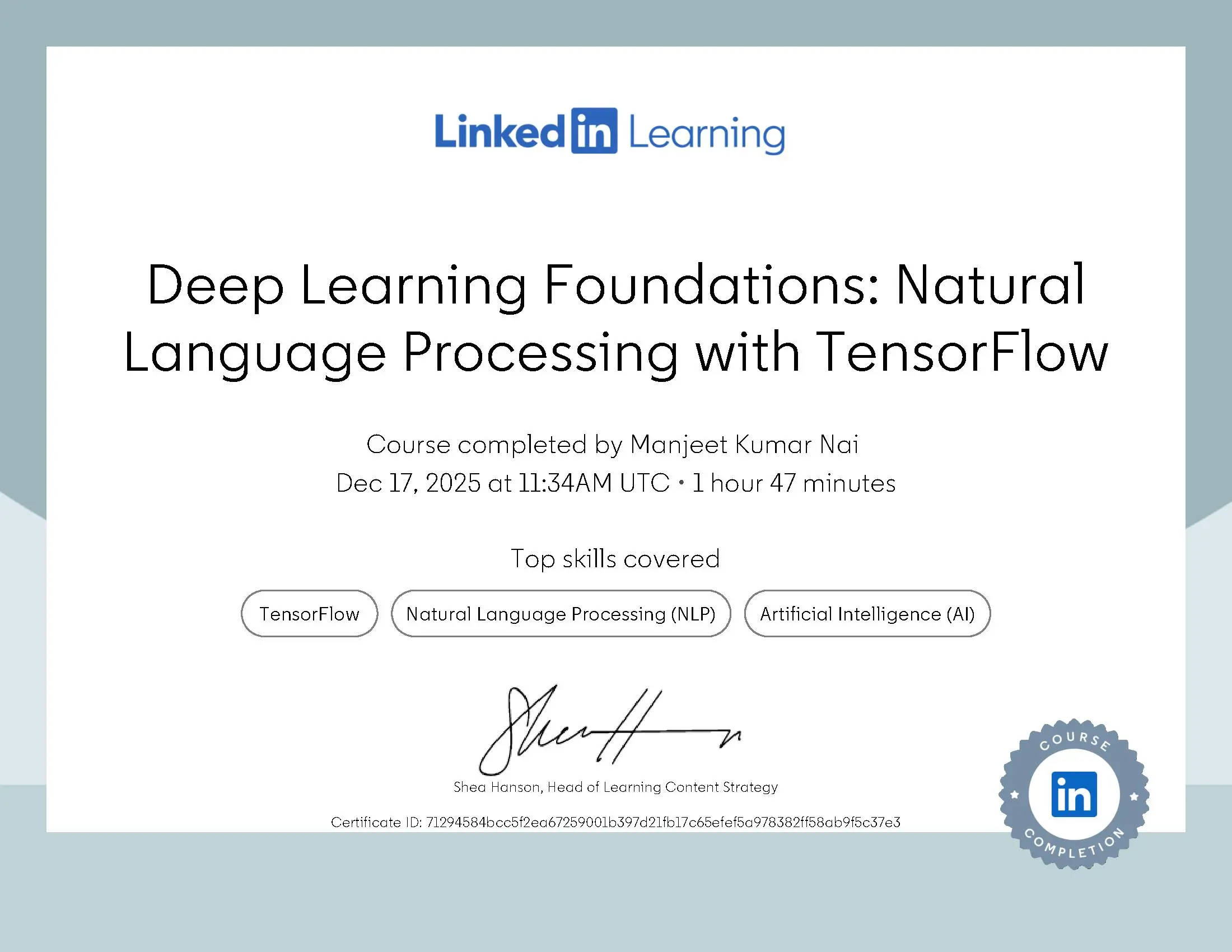 Deep Learning Foundations: NLP with TensorFlow — LinkedIn Learning certificate