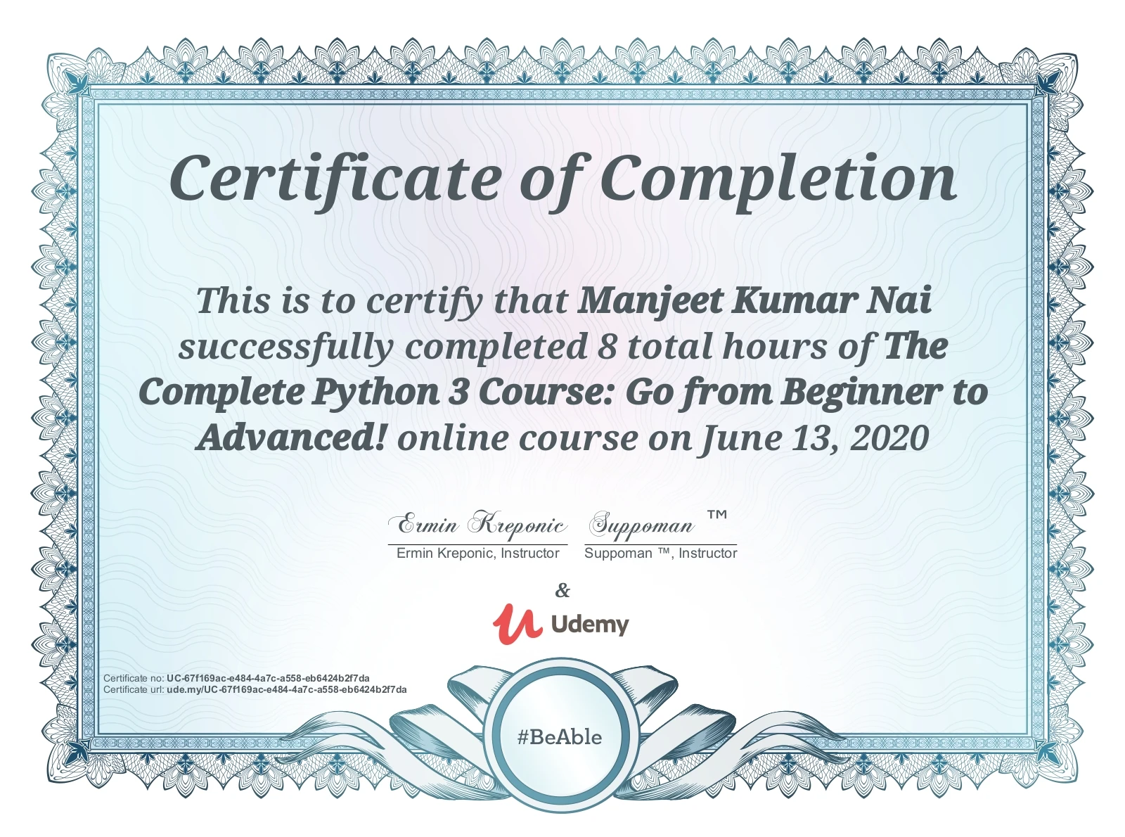 The Complete Python 3 Course Certificate Preview